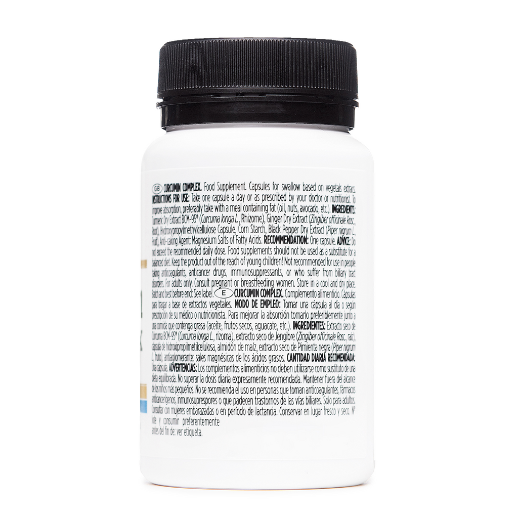 Étiquette du pot de Curcumin Complex avec les ingrédients, le mode d’emploi et les précautions d’utilisation.